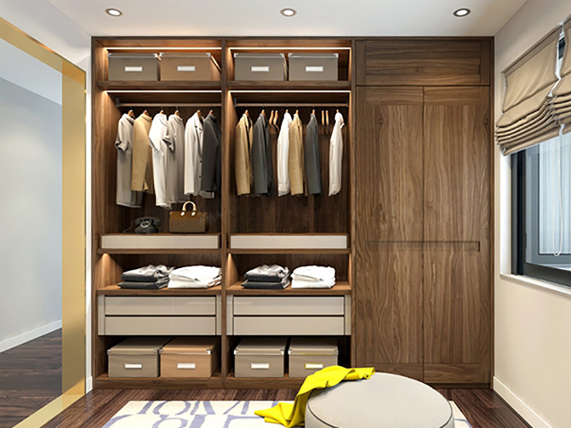 Mẫu tủ quần áo gỗ tự nhiên 4 cánh âm tường