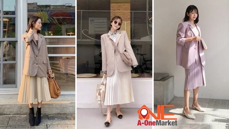 Áo blazer phối chân váy xếp ly