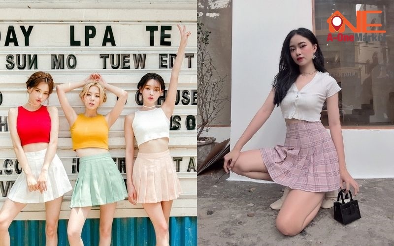 Áo croptop phối chân váy xếp ly