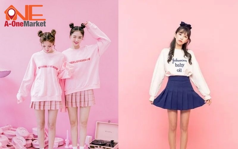 Áo sweater phối chân váy xếp ly