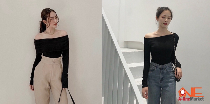 Áo trễ vai dài tay thun màu đen