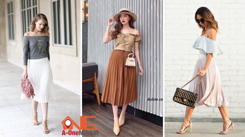 Áo trễ vai phối chân váy xếp ly