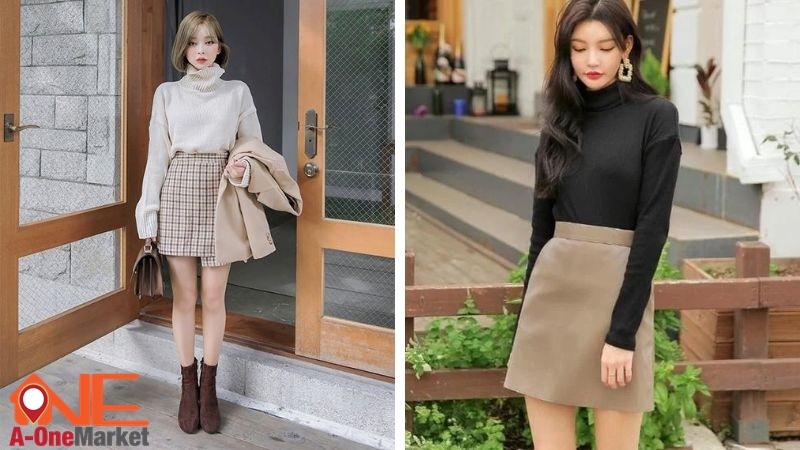 Chân váy phối áo áo len cổ lọ