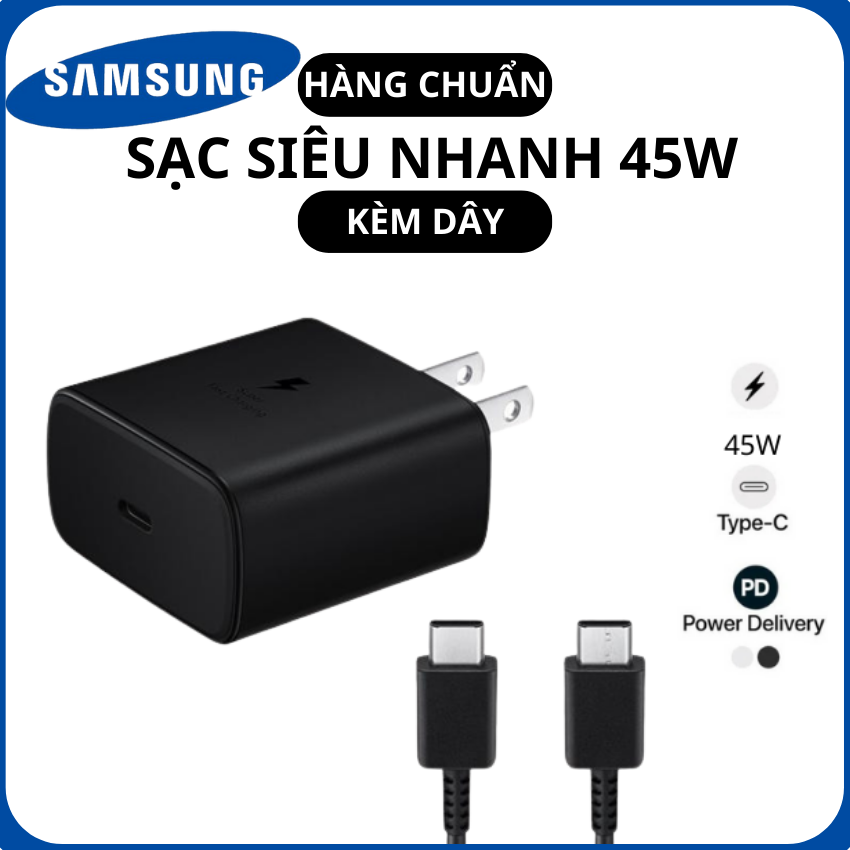 Bộ sạc nhanh 45w chân dẹp SAMSUNG Type-C zin nhà máy full box (kèm cáp 2 đầu Type-C, cóc 1 cổng Type-C) [BH 3 tháng]