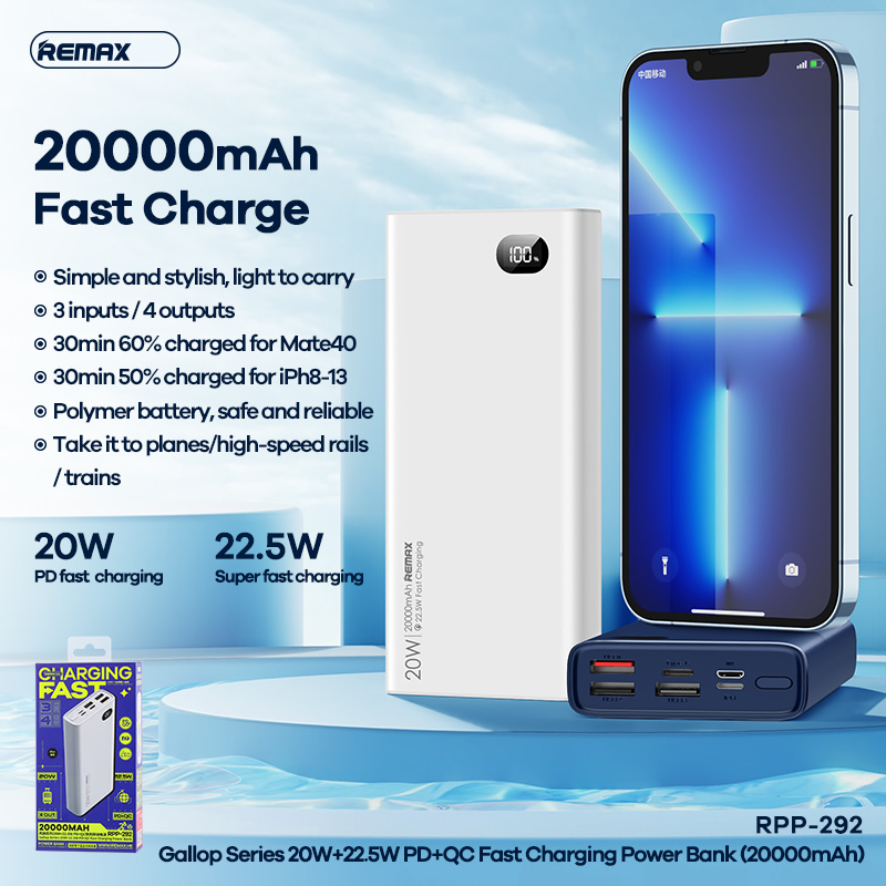 Pin sạc nhanh 22.5W REMAX RPP-292 20.000mAh dự phòng PD QC3.0 chính hãng [BH 1 năm]