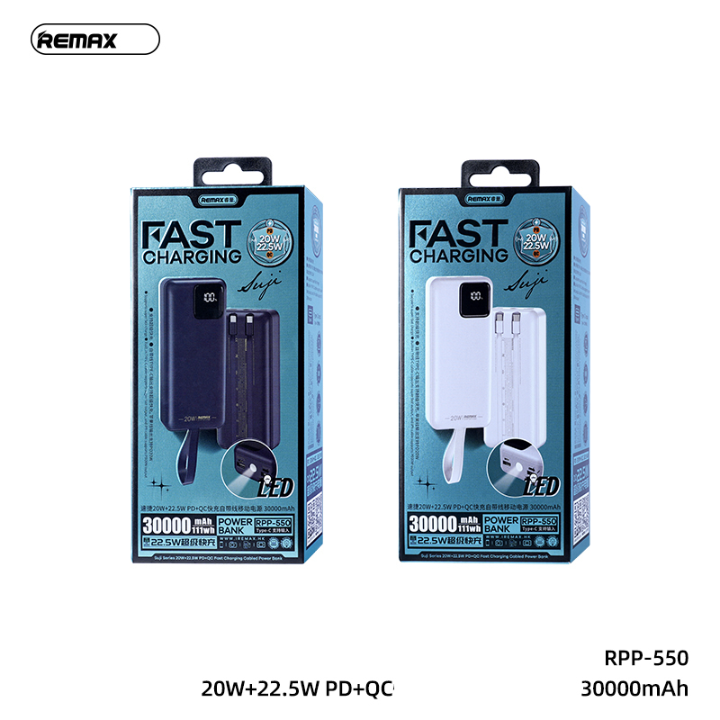 Pin sạc nhanh 22.5w REMAX RPP-550 30.000mAh kèm cáp liền pin dự phòng PD+QC3.0 chính hãng [BH 1 năm]