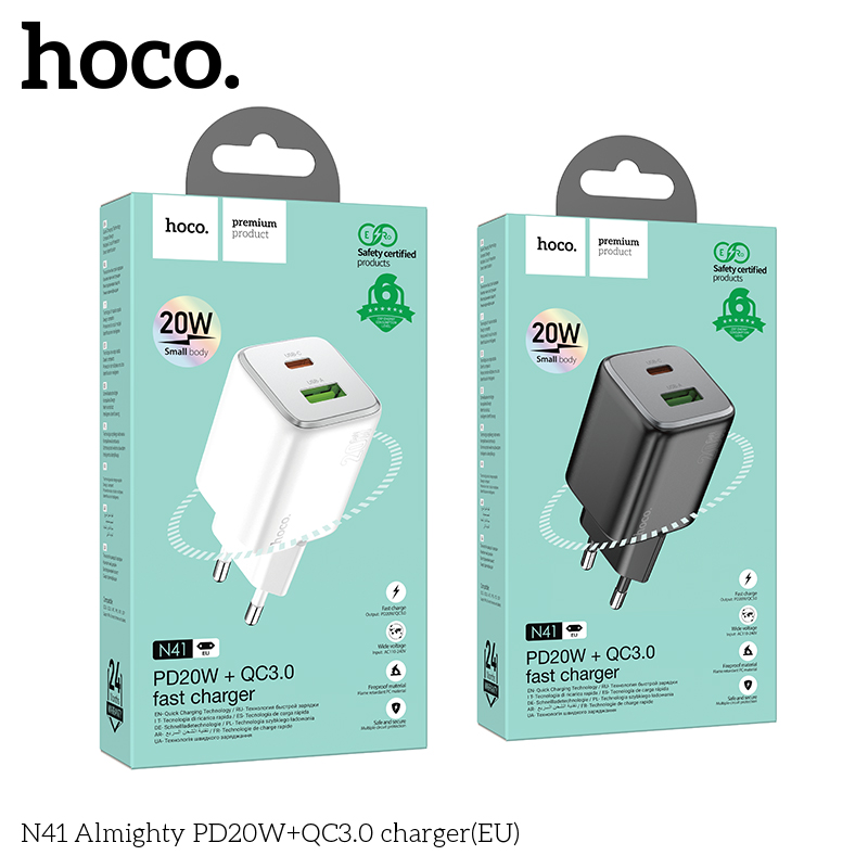 Cóc sạc nhanh 20w HOCO N41 - PD20w + QC3.0 2 cổng (1 cổng usb 1 cổng type C) chính hãng [BH 1 Năm]