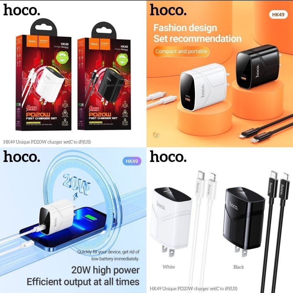 Bộ sạc nhanh 20w HOCO HK49 (c-l) cáp Type C ra iPhone Lightning chính hãng (cóc 1 cổng type-c) (BH 1 NĂM)