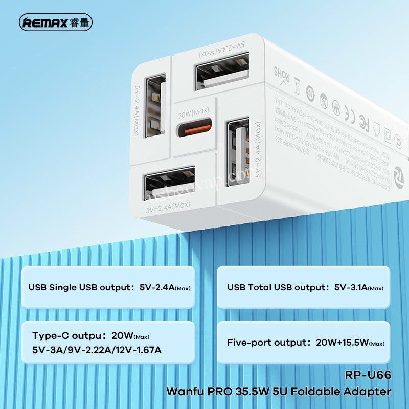 Cóc sạc nhanh 35.5w 5 cổng REMAX RP-U66 (4 cổng usb + 1 cổng type c) chính hãng [BH 1 năm]