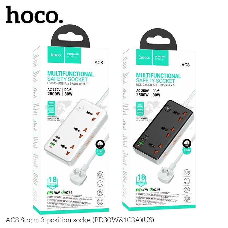 Ổ cắm điện HOCO AC8 đa năng chính hãng dài 1M5 3A+1C 30W [BH 1 NĂM]