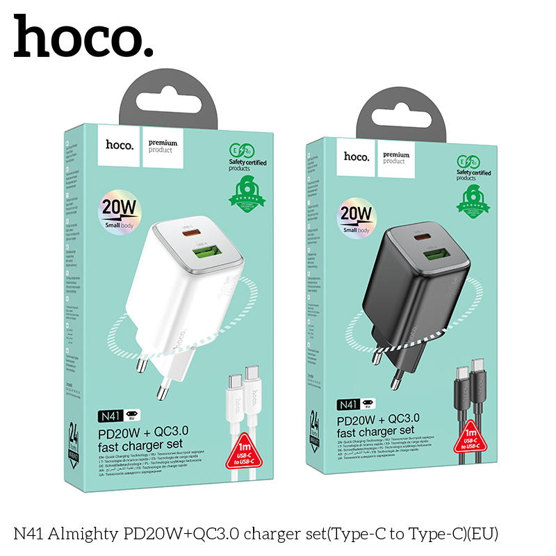 Bộ sạc nhanh 20w HOCO N41 (c-c) (cáp 2 đầu Type C) PD20w + QC3.0 2 cổng (1 cổng usb 1 cổng type C) chính hãng [BH 1 Năm]