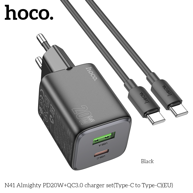 Bộ sạc nhanh 20w HOCO N41 (c-c) (cáp 2 đầu Type C) PD20w + QC3.0 2 cổng (1 cổng usb 1 cổng type C) chính hãng [BH 1 Năm]