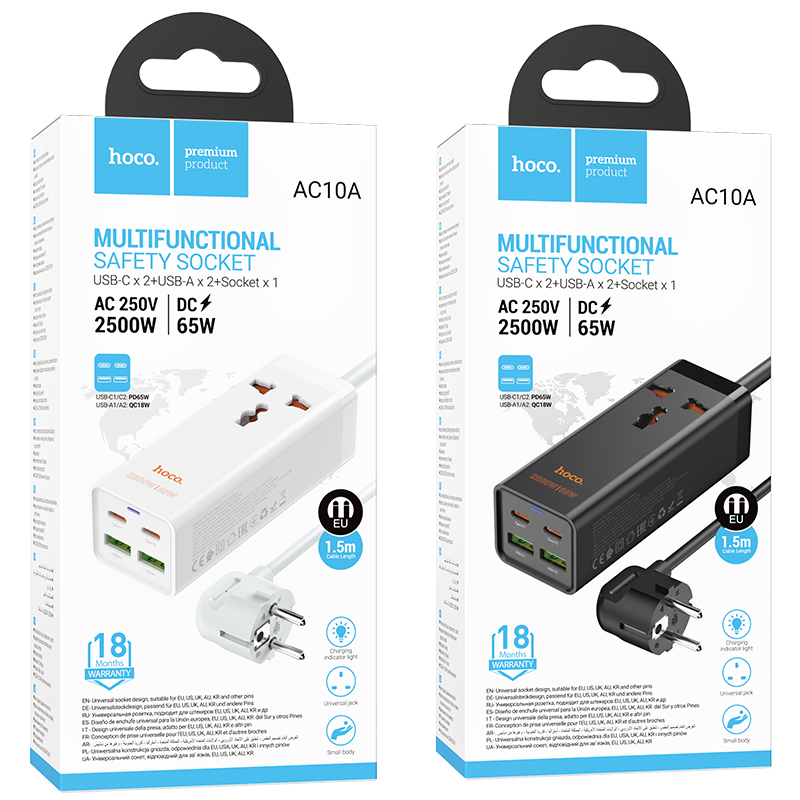 Ổ cắm điện Hoco AC10A dây dài 1.5m gồm 1 lỗ cắm kèm 2 cổng usb + 2 cổng Type c 65W {EU} chính hãng [BH: 1 năm]