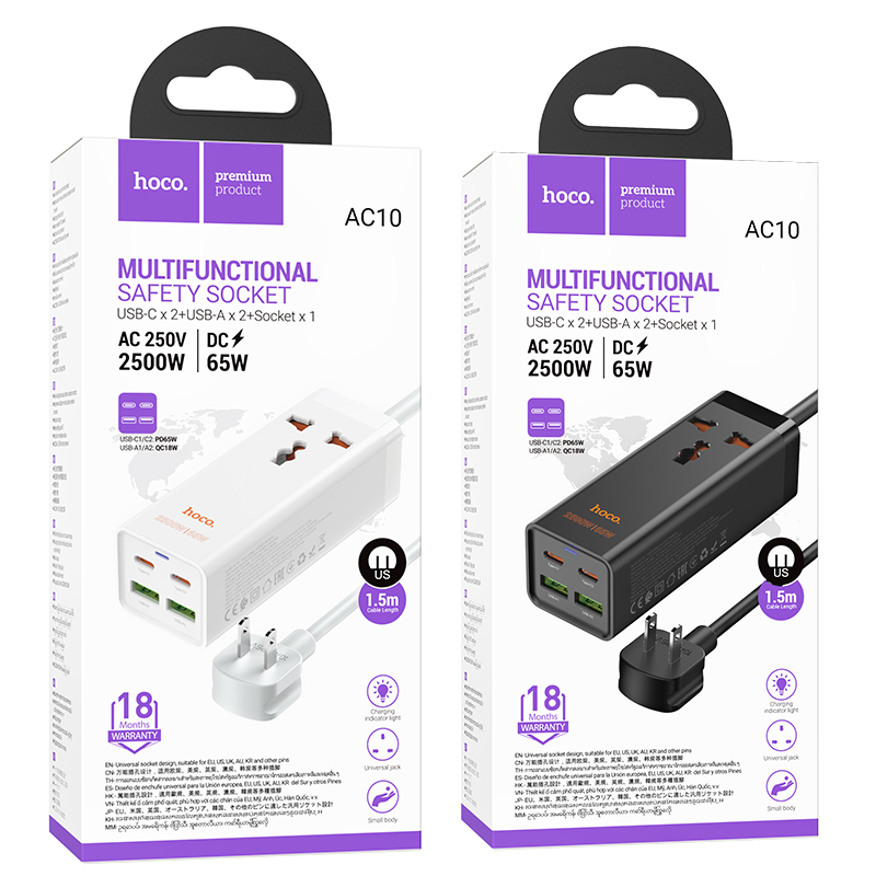 Ổ cắm điện 65w Hoco AC10 dây dài 1.5m gồm 1 lỗ cắm kèm 2 cổng usb + 2 cổng Type c {US} chính hãng [BH: 1 năm]