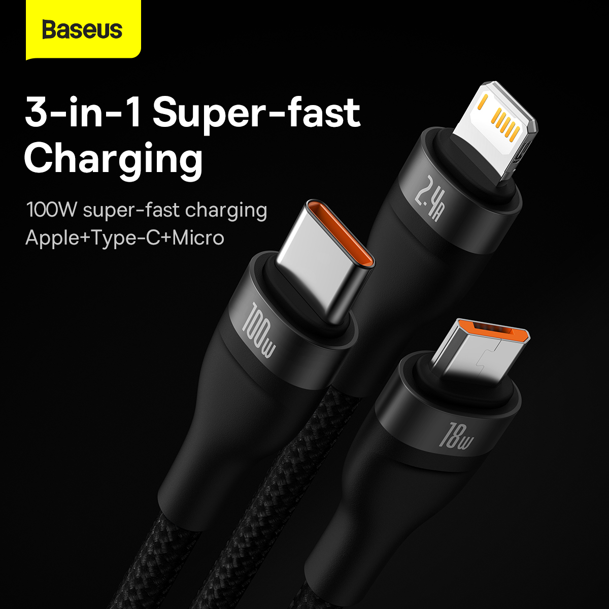 Cáp sạc nhanh 100W Baseus USB ra 3 đầu {Type C+ Lightning+ Micro} mã BS-CB000002 dài 1.2m chính hãng [BH: 1 năm]