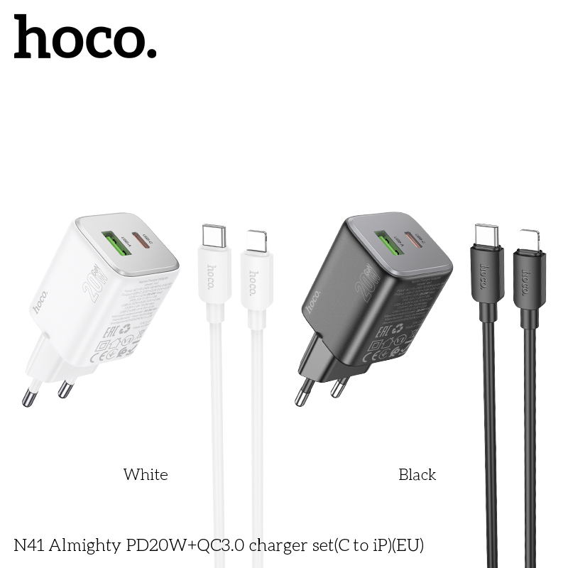 Bộ sạc nhanh 20w HOCO N41 (c-l) cáp Type C ra iPhone Lightning PD20w + QC3.0 cóc 2 cổng (1 cổng usb 1 cổng type C) chính hãng [BH 1 Năm]