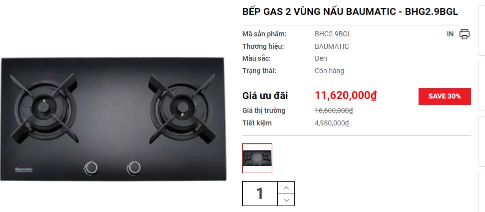 BẾP GAS 2 VÙNG NẤU BAUMATIC - BHG2.9BGL HÀNG NHẬP KHẨU CHÍNH HÃNG