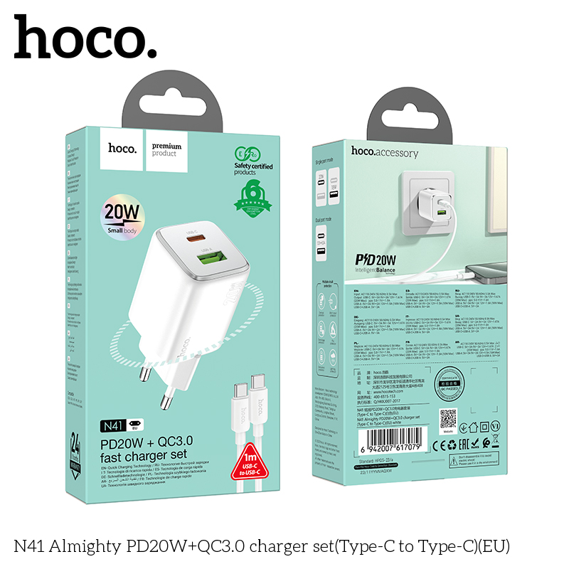 Bộ sạc nhanh 20w HOCO N41 (c-c) (cáp 2 đầu Type C) PD20w + QC3.0 2 cổng (1 cổng usb 1 cổng type C) chính hãng [BH 1 Năm]