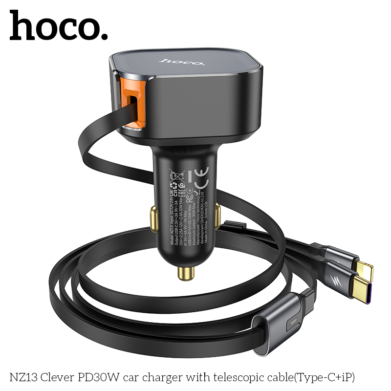 Bộ sạc nhanh xe hơi PD30W Hoco NZ13 kèm 2 cáp LED Type C và iPhone dạng ống lồng chính hãng [BH 1 năm]