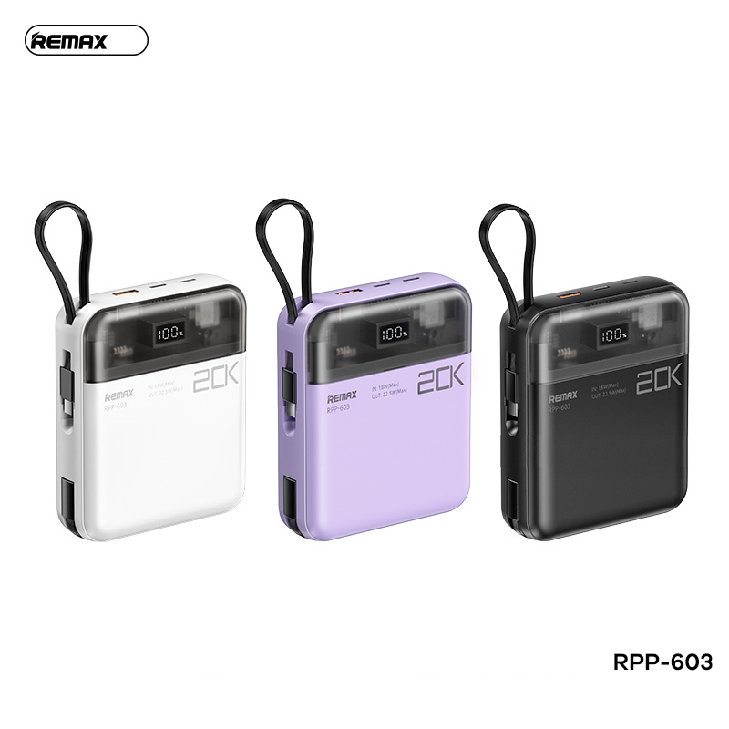 Pin sạc nhanh 22.5w Remax RPP-603 20.000mAh QC3.0 + PD (sạc dự phòng kèm cáp liền pin, thiết kế lộ mạch) chính hãng [BH 1 năm]