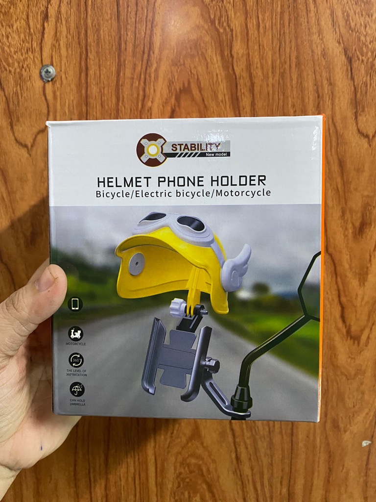 Giá đỡ kẹp điện thoại kim loại đen xịn kèm nón vịt vàng (sắt nón) DLS-M301 PHONE HOLDER TRAVEL PARTNER  đeo kính trên xe máy gắn chân kính cho grab, be, now,...