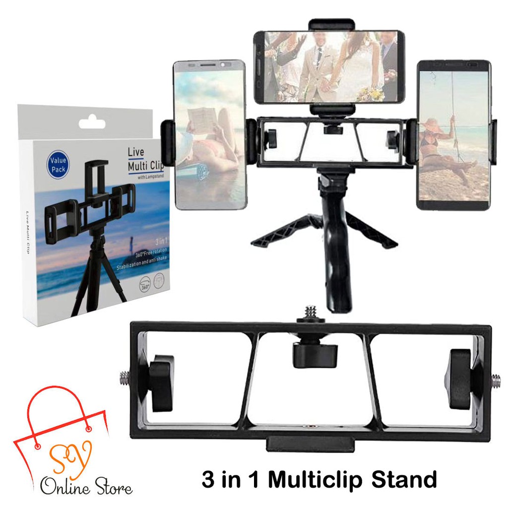 Giá Đỡ 3 Điện Thoại Value Pack LiveStream Multi Clip 3 Chân 3 in 1 Xoay 360 Độ Tripod