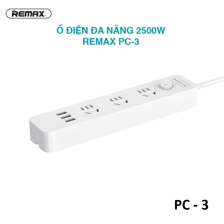 Ổ cắm điện thông minh Remax PC-3 hỗ trợ 3 USB và 3 phích cắm - công suất tải đến 2500W chính hãng [BH 6 tháng]