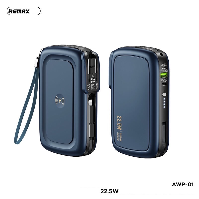 Pin sạc nhanh 22.5w REMAX AWP-01 kiêm sạc không dây 10.000mAh 4in1 nhỏ gọn PD 20w QC3.0 kèm cáp liền pin và chui ghim sạc dự phòng vào ổ điện chính hãng [BH 1 năm]