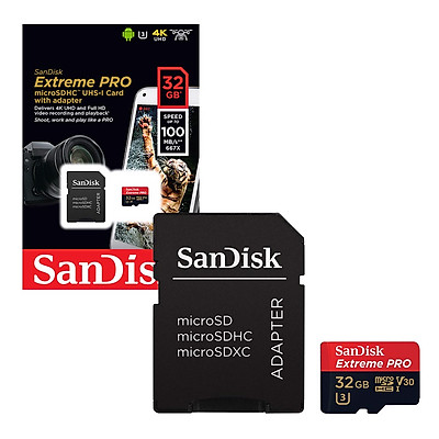 Thẻ nhớ Micro SD Sandisk Ext PRO A2 32GB (Dùng quay phim 4K) Read 100Mb/s kèm adapter áo đổi thẻ lớn SDHC chính hãng [BH 2 năm]