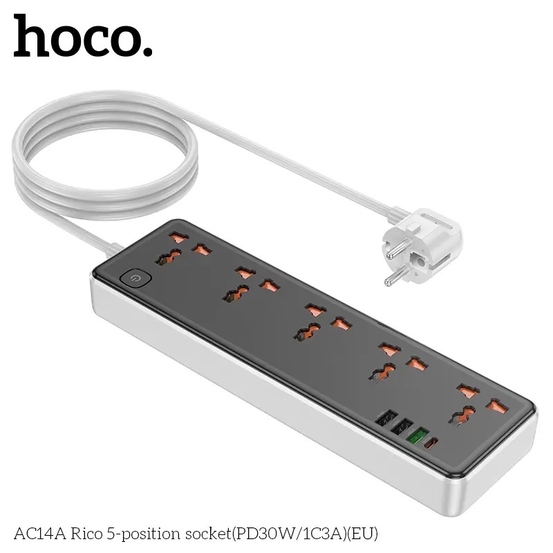 Ổ cắm điện Hoco chính hãng AC14A gồm dây dài 1,5m gồm 3 cổng USB+1C 30W (EU) [BH: 1 năm]
