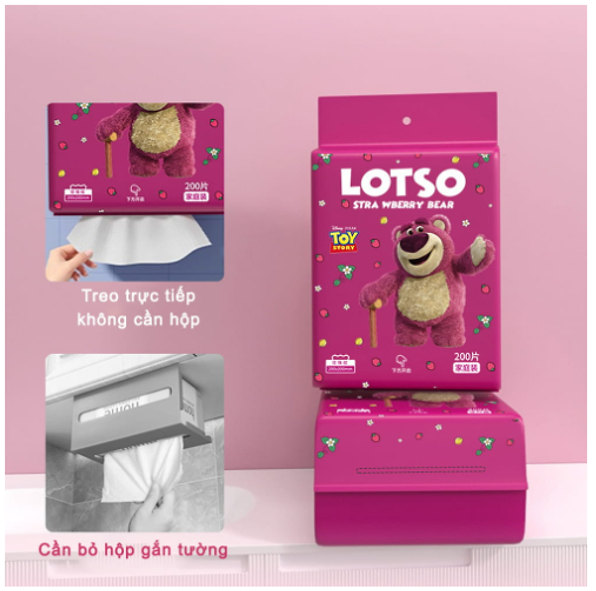 Gói khăn giấy lau đa năng gấu Strawberry Bear Losto 200 tờ (dạng treo rút trực tiếp, ko cần hộp đựng)