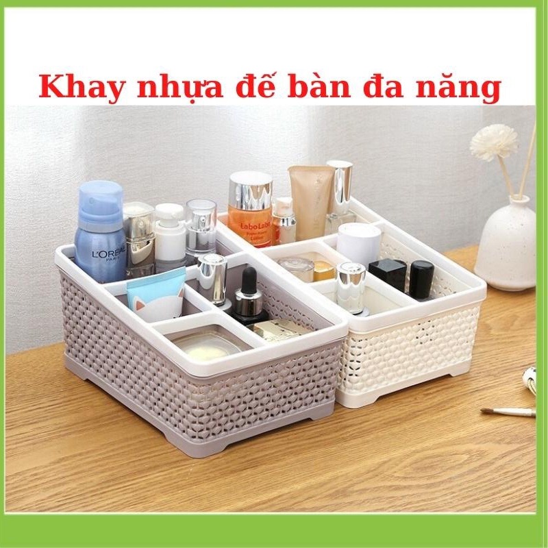 Khay hộp nhựa 4 ngăn vuông đựng mỹ phẩm, vật dụng tiện ích văn phòng đa năng