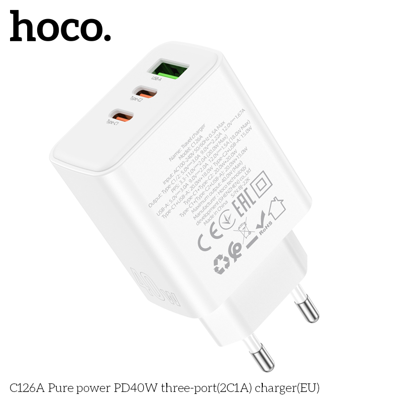 Cóc sạc nhanh 40w HOCO C126A (cóc 1 cổng usb QC3.0 vs 2 cổng type-c PD) 3 cổng 2C1A đa năng chính hãng BH: 1 NĂM]