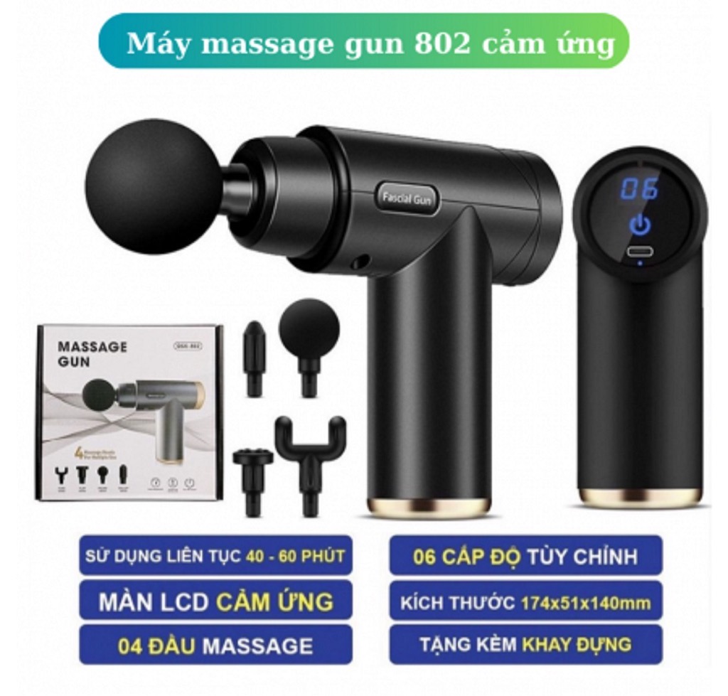 Súng massage cầm tay Fascial Gun (NÚT CẢM ỨNG, ĐẦU KIM LOẠI, CÓ CHỮ Fascial Gun) 4 đầu 6 cấp độ  trị đau mỏi, căng cơ [BH 1 tháng]