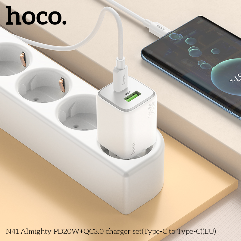 Bộ sạc nhanh 20w HOCO N41 (c-c) (cáp 2 đầu Type C) PD20w + QC3.0 2 cổng (1 cổng usb 1 cổng type C) chính hãng [BH 1 Năm]