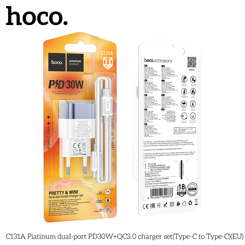 Bộ sạc nhanh PD30w +QC3.0 Hoco C131A (c-c) kèm cáp 2 đầu Type C ra Type C chính hãng [BH 1 Năm]