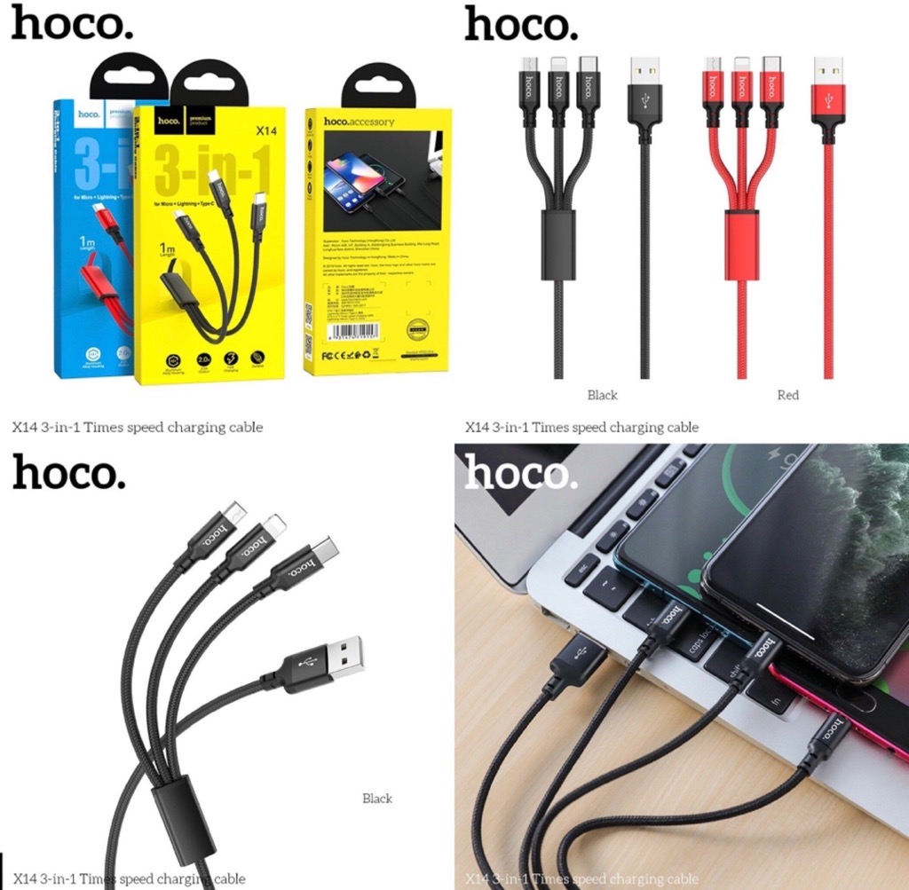 Cáp sạc nhanh đa năng 3 đầu HOCO X14 3in1 (usb ra iphone lightning vs samsung micro vs usb ra type c) dây dù chính hãng [BH 1 năm]