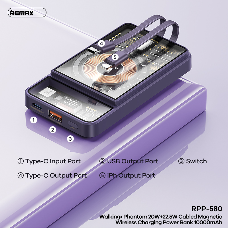 Pin sạc nhanh 22.5w không dây REMAX RPP-580 10.000mAh QC3.0+PD 22.5W chính hãng [BH 1 năm]