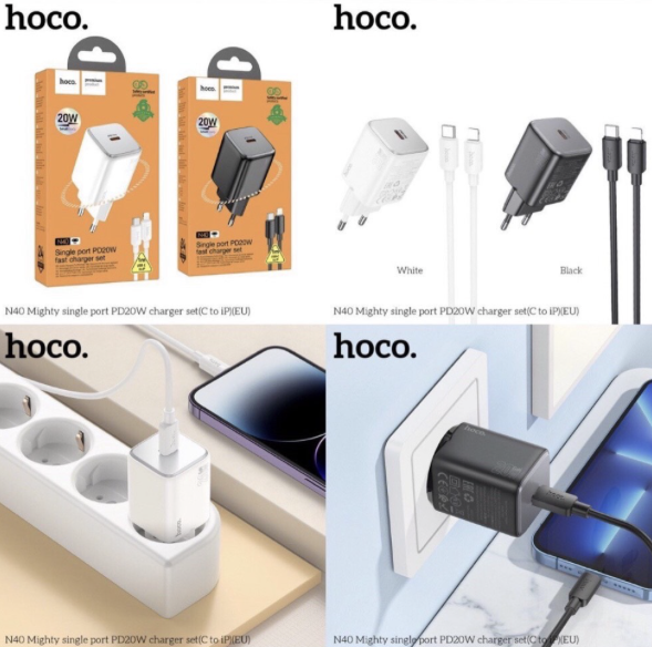 Bộ sạc nhanh 20w HOCO N40 EU (c-l) PD cáp Type C ra iPhone Lightning chính hãng (cóc 1 cổng type-c) [BH 1 NĂM]