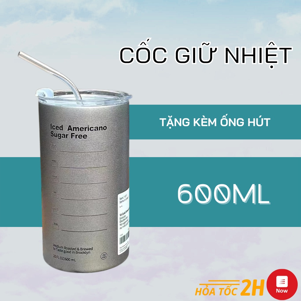 Ly cốc giữ nhiệt 600ml inox 304 kèm ống hút uống cà phê, trà sữa đa năng- VỀ MÀU HOẶC XÁM TÙY LÔ