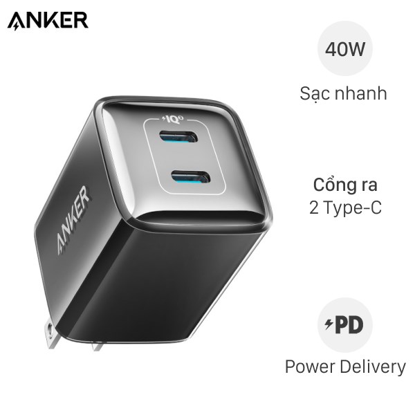 Cóc sạc nhanh 40w Anker A2038 (2 cổng type-c) chính hãng (đen, trắng, tím) [BH 1 năm]