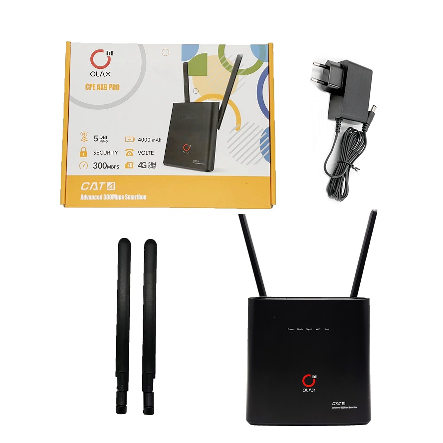 Phát wifi từ sim 4G OLAX AX9 PRO (ĐEN) kiểu dáng modem wifi kèm 2 râu tốc độ 300mb chính hãng [BH 6 tháng]