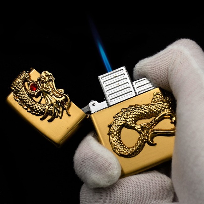 Bật lửa/ Quẹt zippo hình Rồng ôm ngọc đỏ khắc nổi lửa khè dùng gas