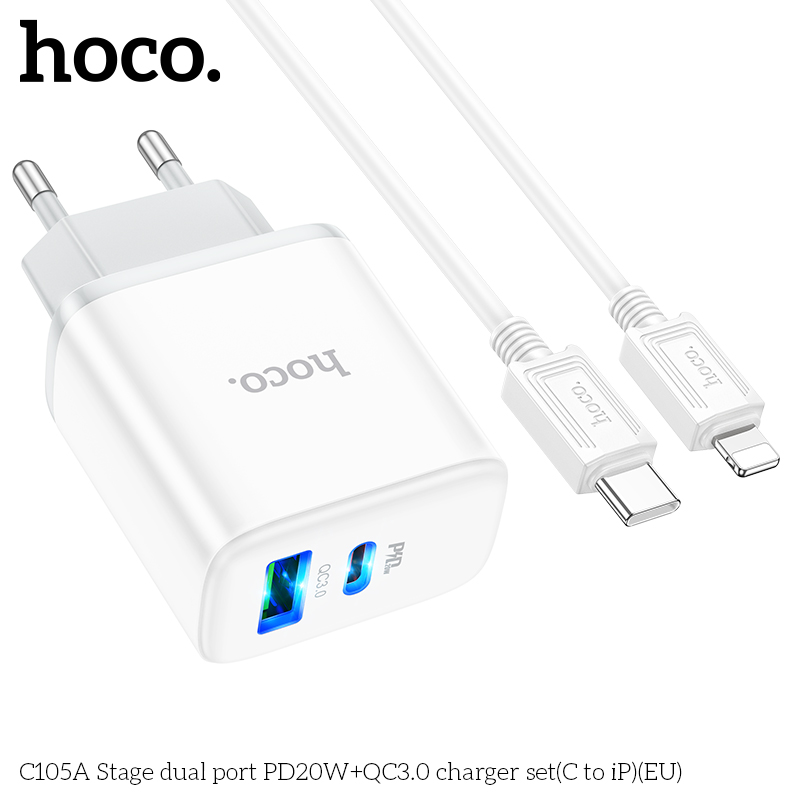 Bộ sạc nhanh 20w Hoco C105A (c-l) (cóc 1 cổng usb QC3.0 vs 1 cổng type-c PD) (cáp type c ra iphone lightning) chính hãng [BH 1 năm]