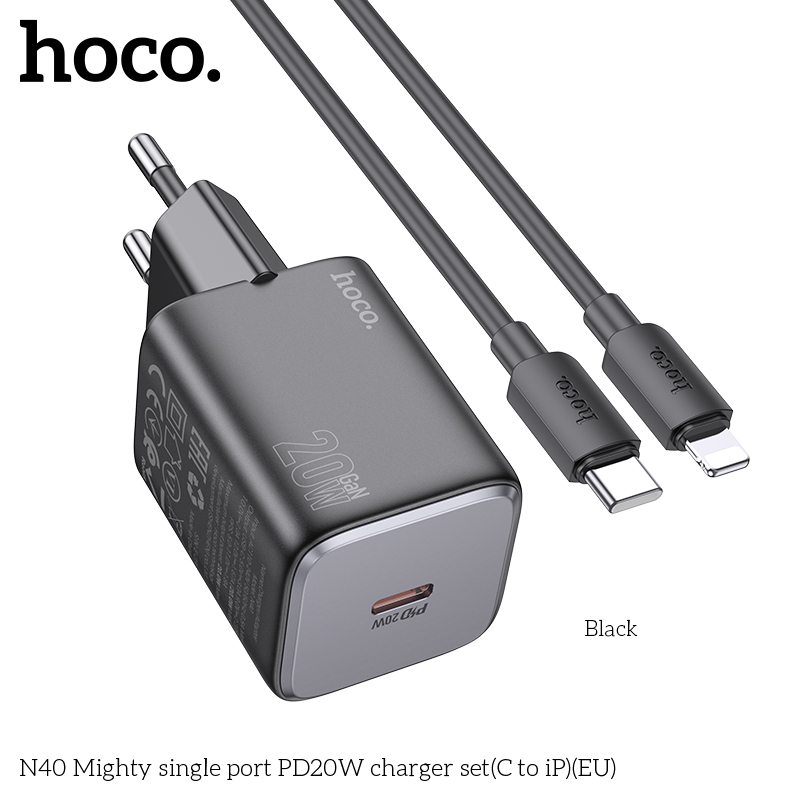 Bộ sạc nhanh 20w HOCO N40 EU (c-l) PD cáp Type C ra iPhone Lightning chính hãng (cóc 1 cổng type-c) [BH 1 NĂM]