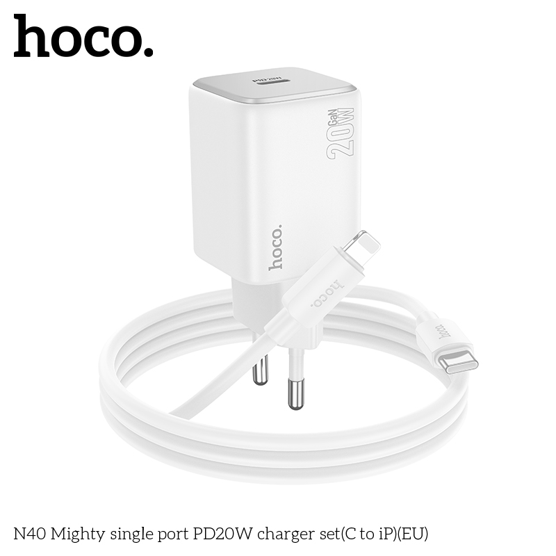 Bộ sạc nhanh 20w HOCO N40 EU (c-l) PD cáp Type C ra iPhone Lightning chính hãng (cóc 1 cổng type-c) [BH 1 NĂM]