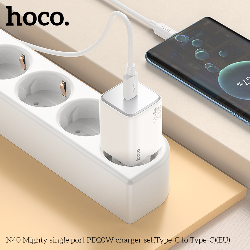 Bộ sạc nhanh 20w HOCO N40 EU (c-l) PD cáp Type C ra iPhone Lightning chính hãng (cóc 1 cổng type-c) [BH 1 NĂM]