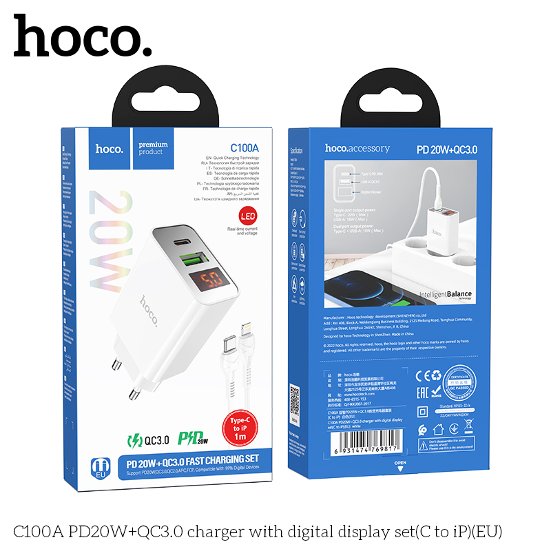 Bộ sạc nhanh 20w HOCO C100A LCD kèm cáp Type C ra iPhone Lightning (Cóc 1 cổng USB QC3.0 vs 1 cổng Type C PD) cho iPhone 11 12 13 Pro Max chính hãng [BH 1 năm]