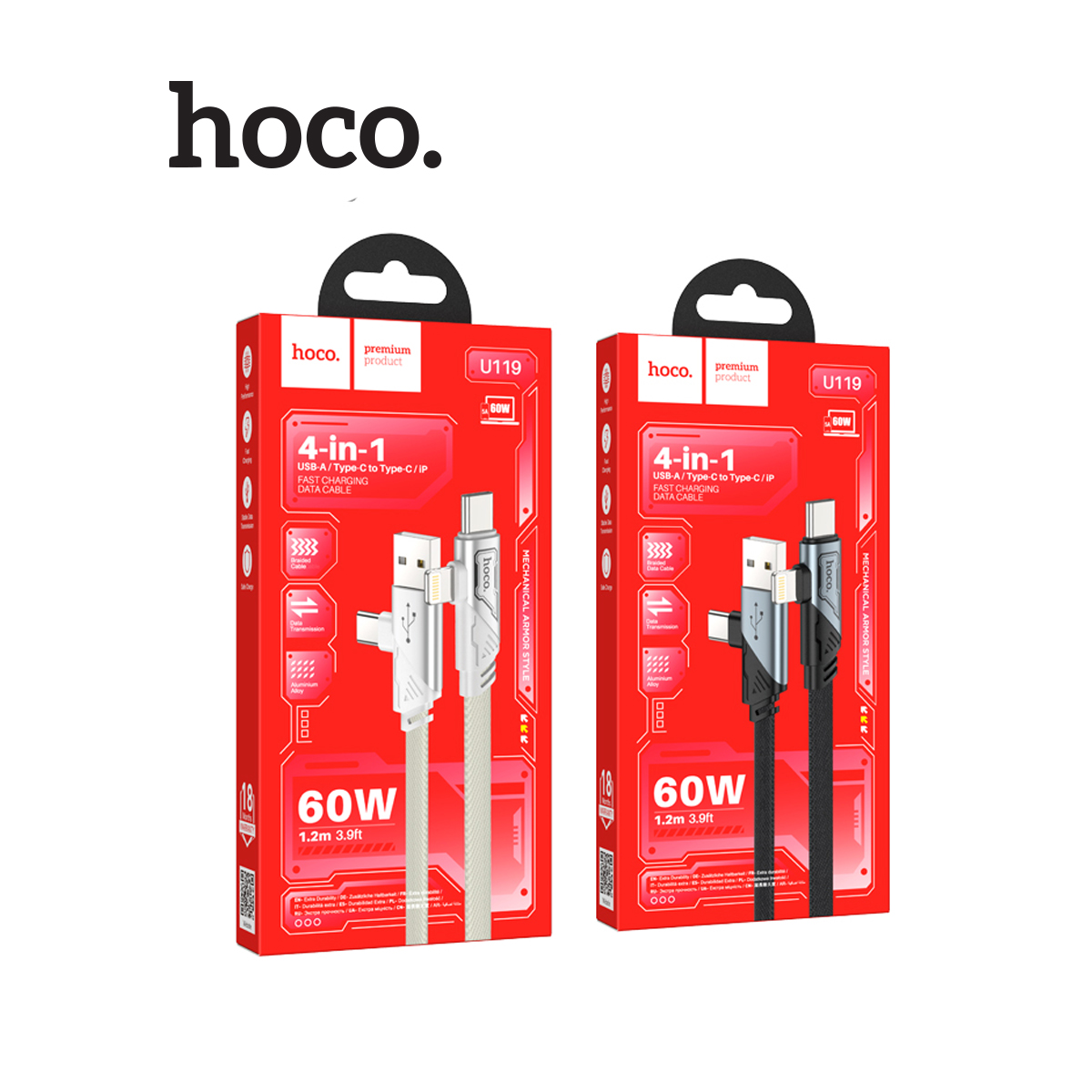 Cáp sạc nhanh 60w HOCO U119 4in1 đa năng (usb / typec ra iphone lightning / type-c - 2 đầu typec) chính hãng [BH 1 năm]