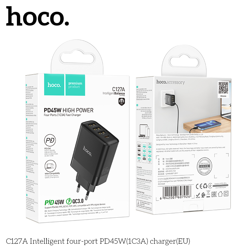 Cóc sạc nhanh 45w HOCO C127A chính hãng (1 cổng Type-C PD vs 3 cổng Usb QC3.0) chân tròn EU [BH 1 năm]